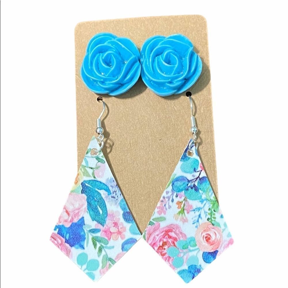 Statement Earring Set Bundle Rose Studs Floral Diamond Dangle Earrings Pink Blue